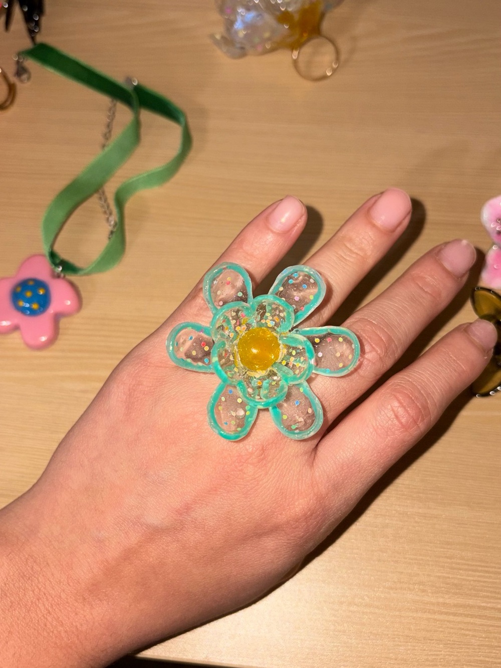 Handmade Turquoise Flower Ring with Yellow Center